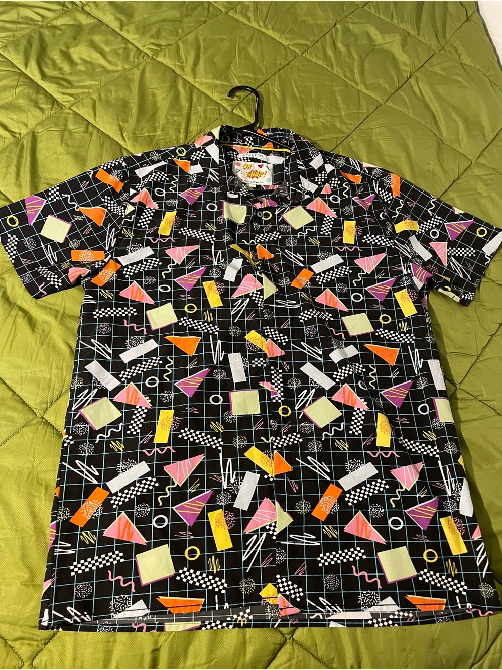 Men's Black Geometric Print Short-Sleeve Button-Down Shirt by